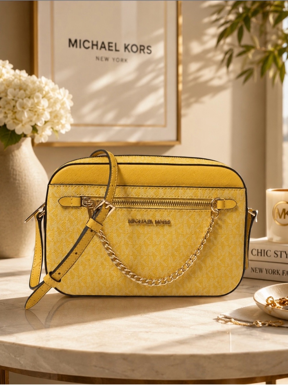 Michael Kors Jet Set Large EW Zip Chain Crossbody Daisy Yellow NWT $398